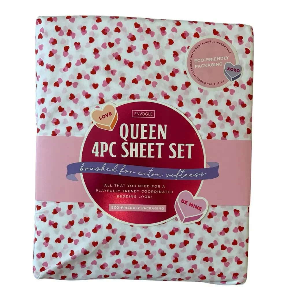 ENVOGUE Overlapping Hearts QUEEN Sheet Set 4pc Pink Red Valentines Day NEW